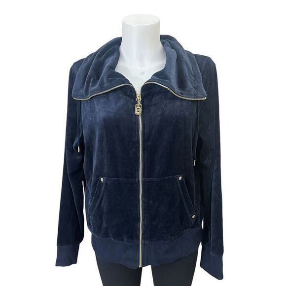 Michael Kors Womens Velvet Blue Full‎ Zip Jacket Mock Neck Size Large Pockets - Picture 3 of 10